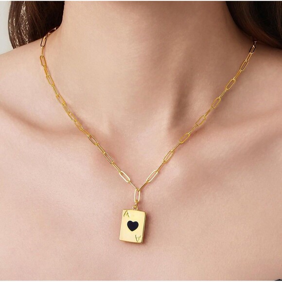 Black Ace of Hearts Necklace 2 Side Poker Pendant Gold Plate Cubic Zirconia Gift - Picture 6 of 6